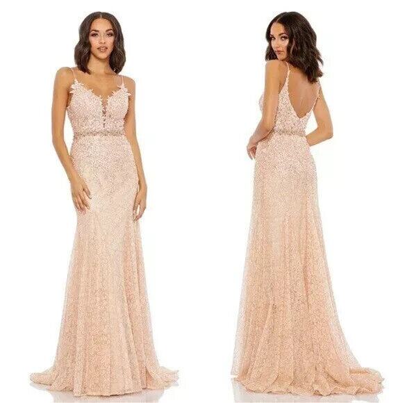 Mac Duggal 79341 Appliqué Sleeveless Plunge Neck Trumpet Gown NWT Blush - Picture 3 of 8